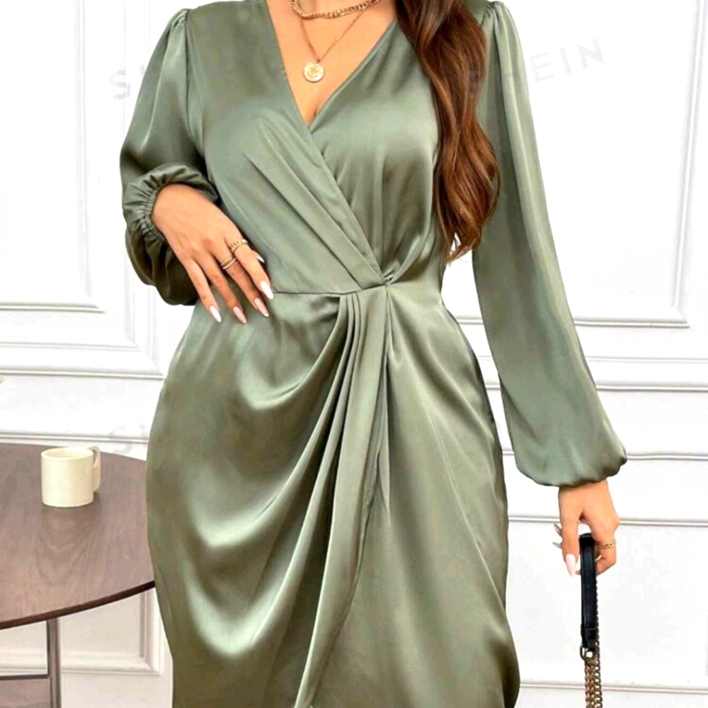 Clasi Lantern Sleeve Ruched Wrap Hem Dress